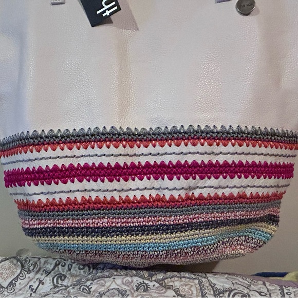 The Sak Faye Large Genuine Leather Tote Stone With Multicolored Crochet Stripes - Picture 11 of 13